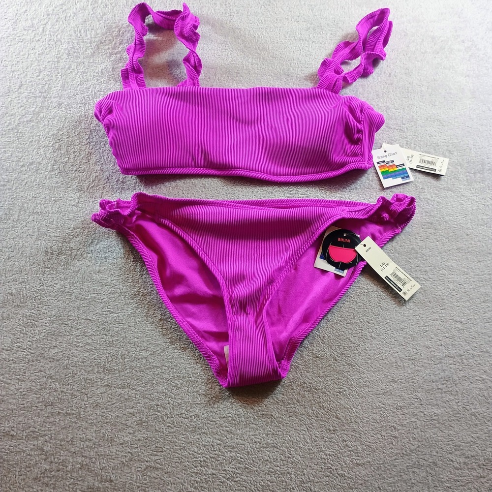 Women Bikini Magenta Large Ribbed Ruffle Strap‎ Two Piece Barbiecore Summer Swim
